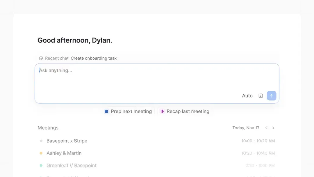 AI CRM assistant dashboard showing meeting preparation, meeting recap options, and a scheduled sales meeting list
